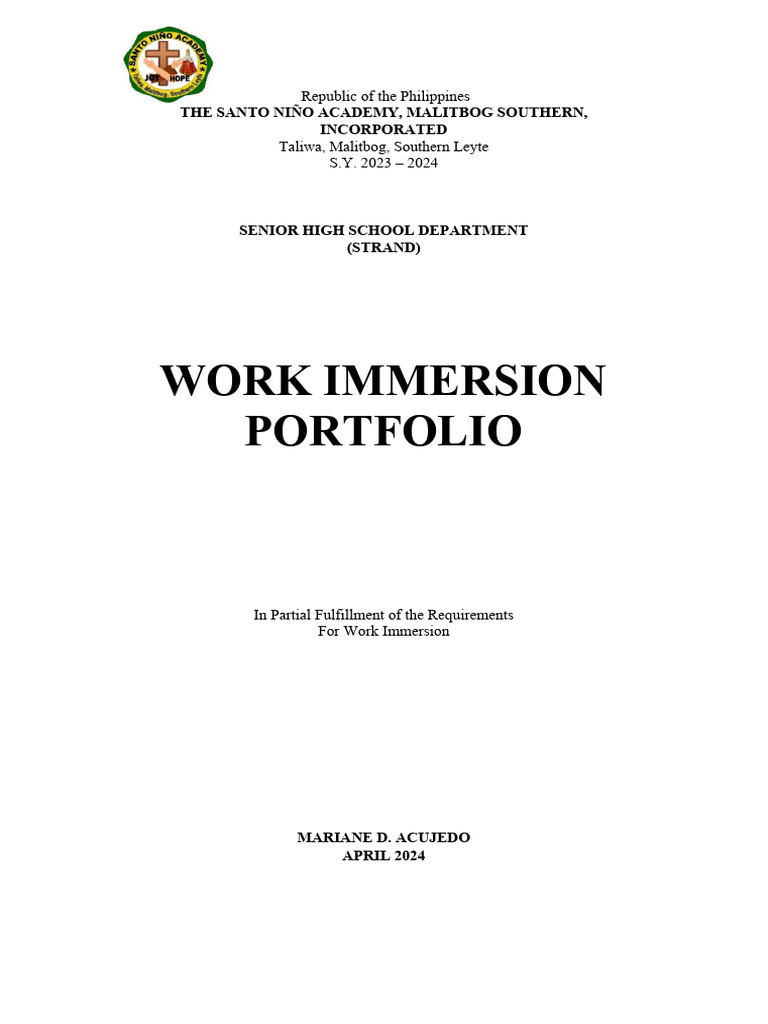 Senior High School Work Immersion Portfolio | PDF | Experience | Gratitude