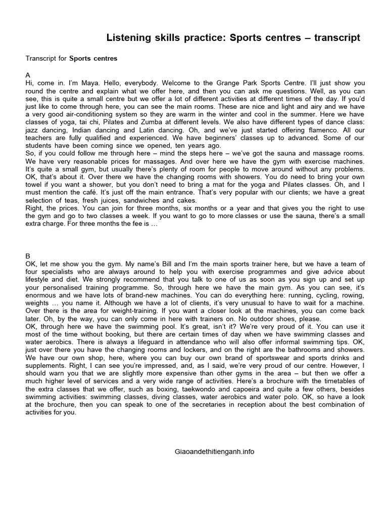 Sports Centres - Transcript | PDF | Physical Exercise