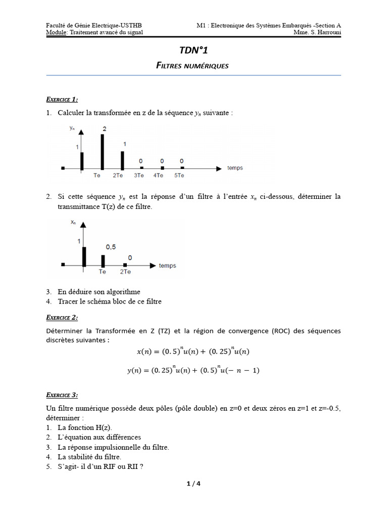 Exercices sur les filtres numériques en traitement du signal | PDF ...