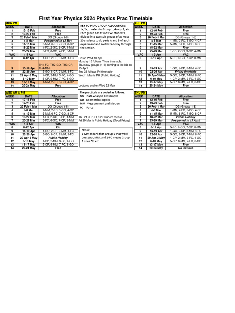 First Year Physics 2024 Prac Timetable | PDF