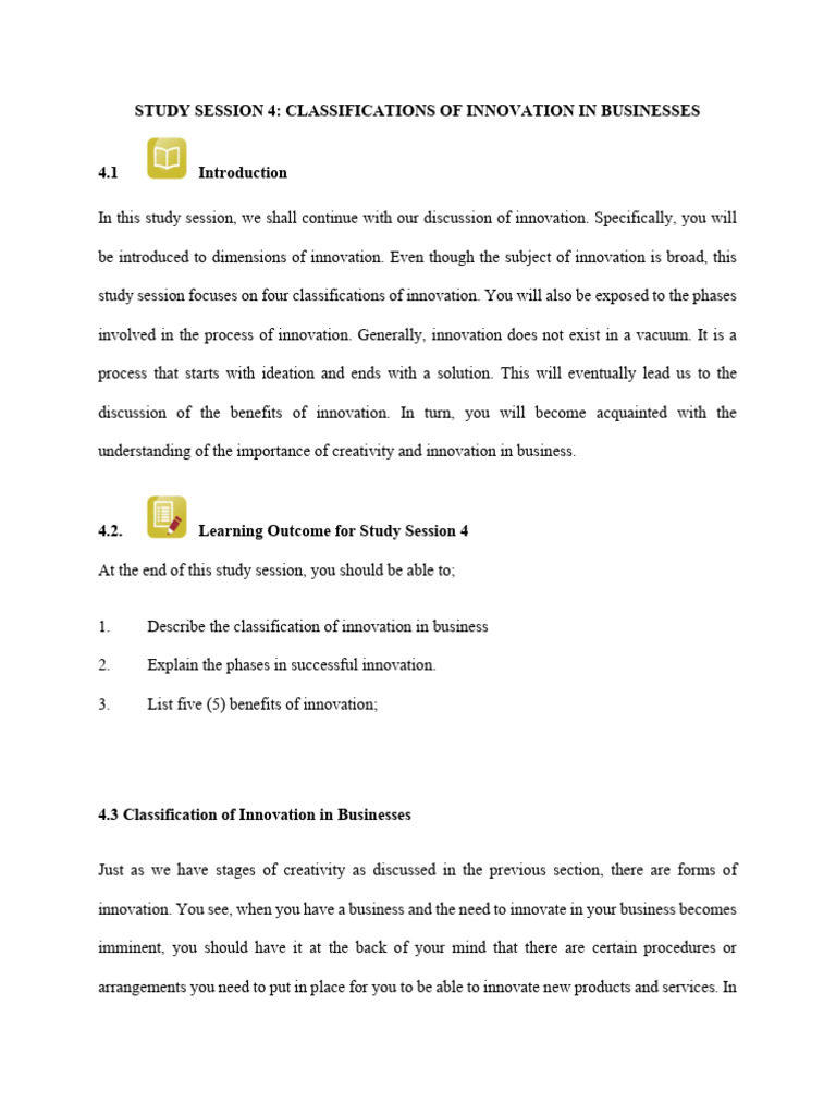Study Session 4 - Classifications of Innovation in Businesses | PDF ...