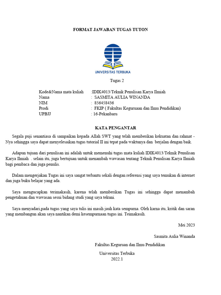 Format Jawaban Tugas Tutorial UT | PDF