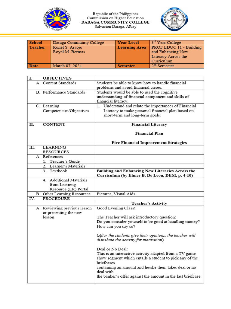 Prof Ed 11 Lesson Plan Dae Sa Hulog | PDF | Teachers | Cognitive Science