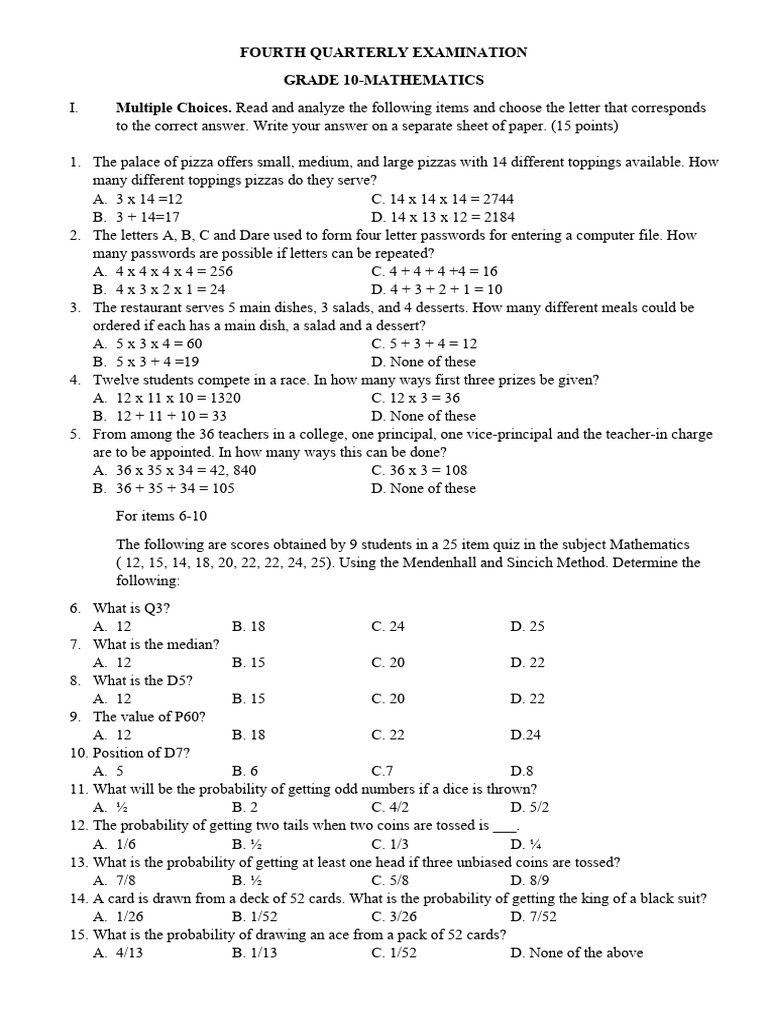 Grade 10 Mathematics Quarterly Exam | PDF | Median | Probability