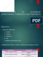Introduction To Algebraic Expressions, Constant and Variables