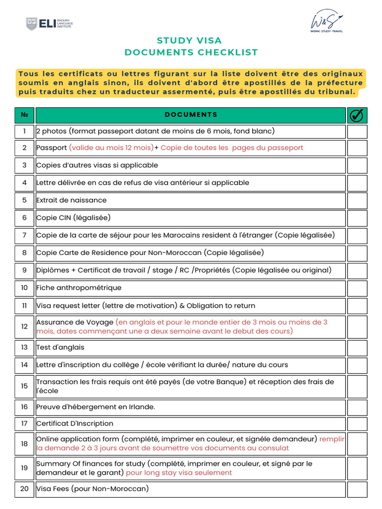 Study Visa Documents Checklist FR | PDF | Visa (Document)