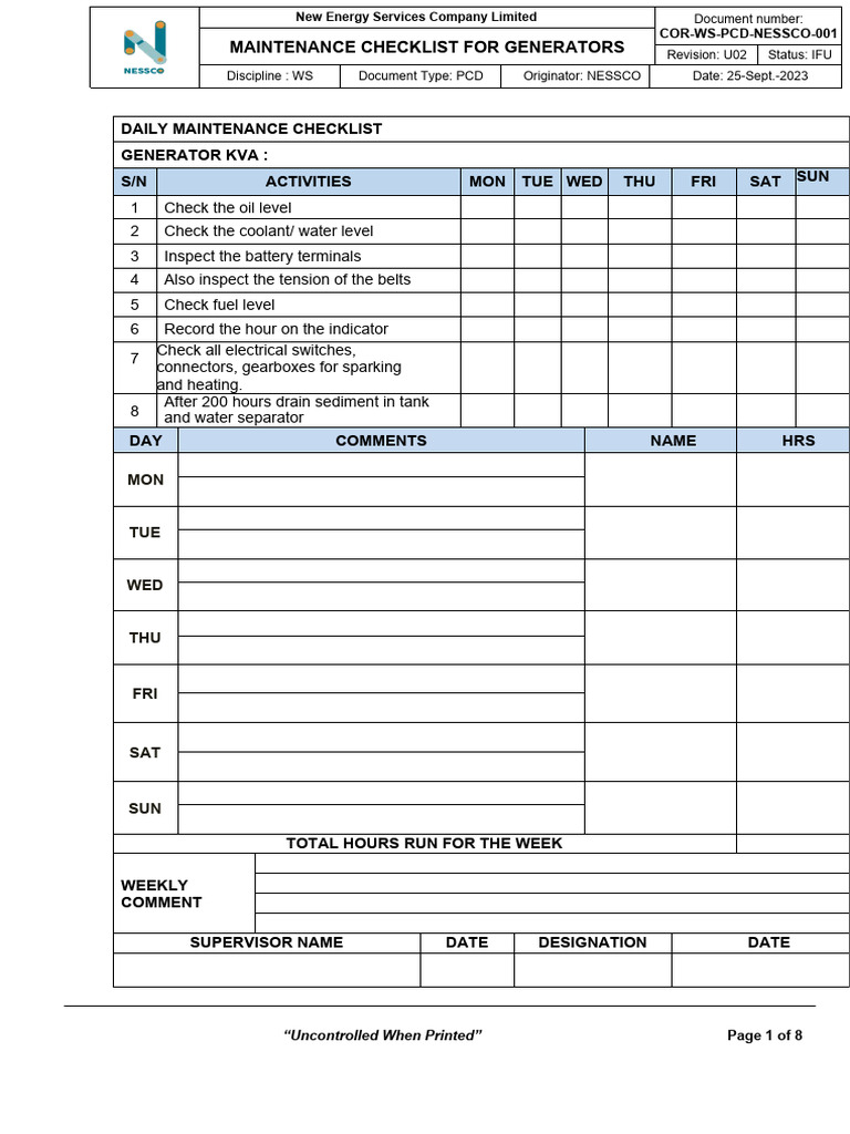 Generator Maintenance Checklist | PDF | Engines | Bearing (Mechanical)