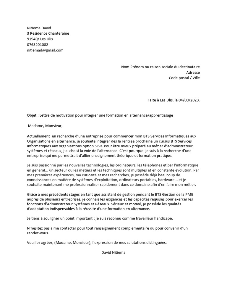 Lettre de motivation BTS SIO en alternance PDF — free download