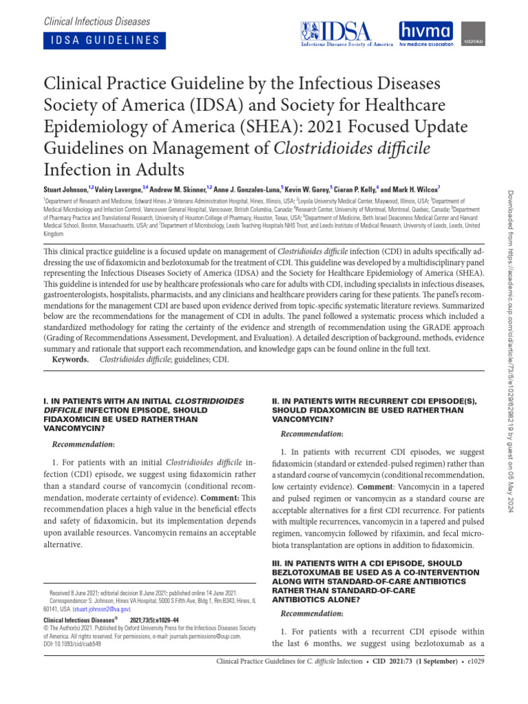 Guidelines On Management of Clostridioides Difficile IDSA 2021 | PDF ...
