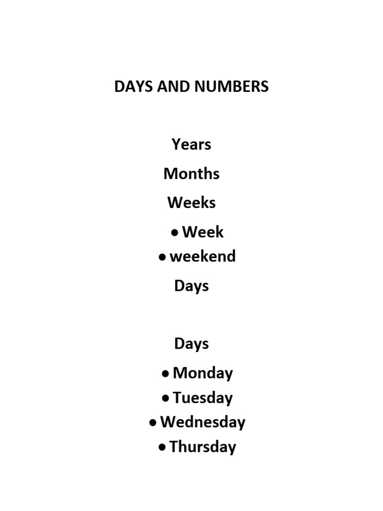 Days and Numbers: A Learning Guide | PDF | Teaching Methods & Materials