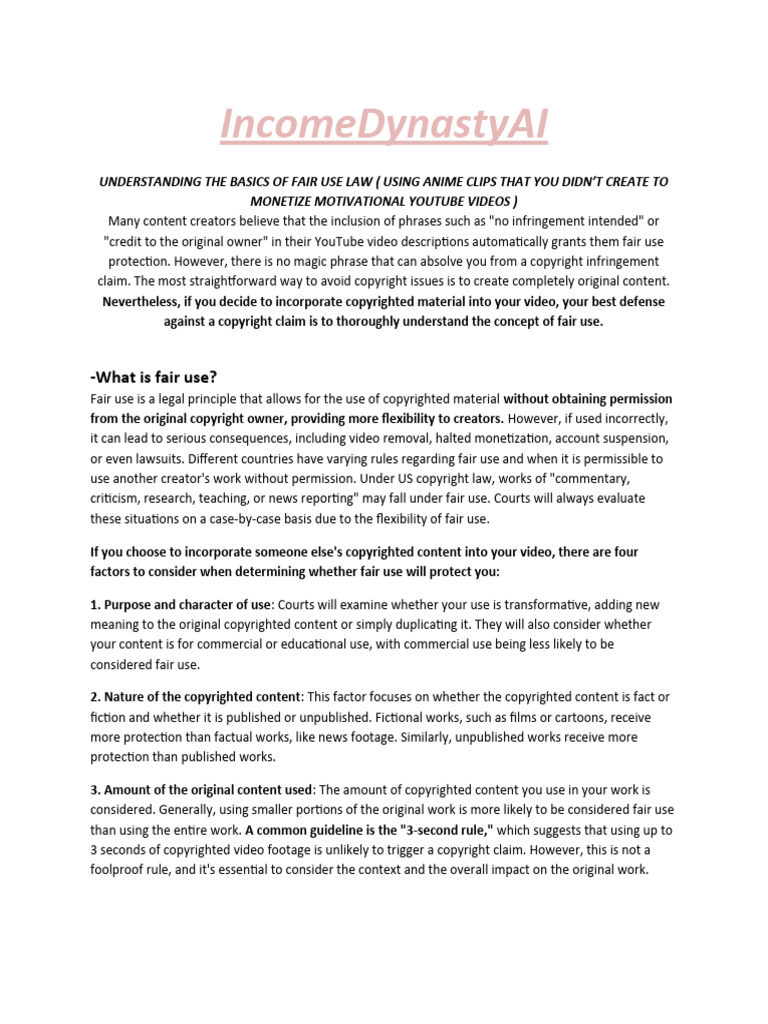 IncomeDynastyAI The Basics of The Fair Use Law | PDF | Fair Use | Copyright