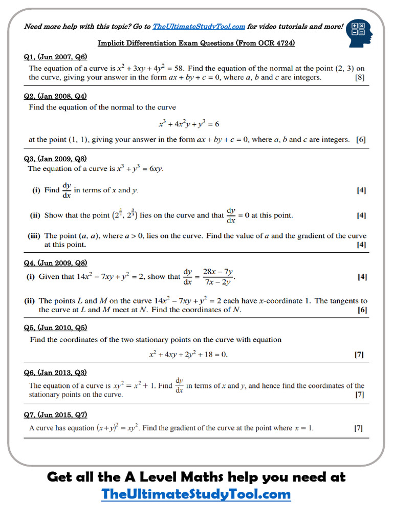 Implicit Differentiation Exam Questions | PDF
