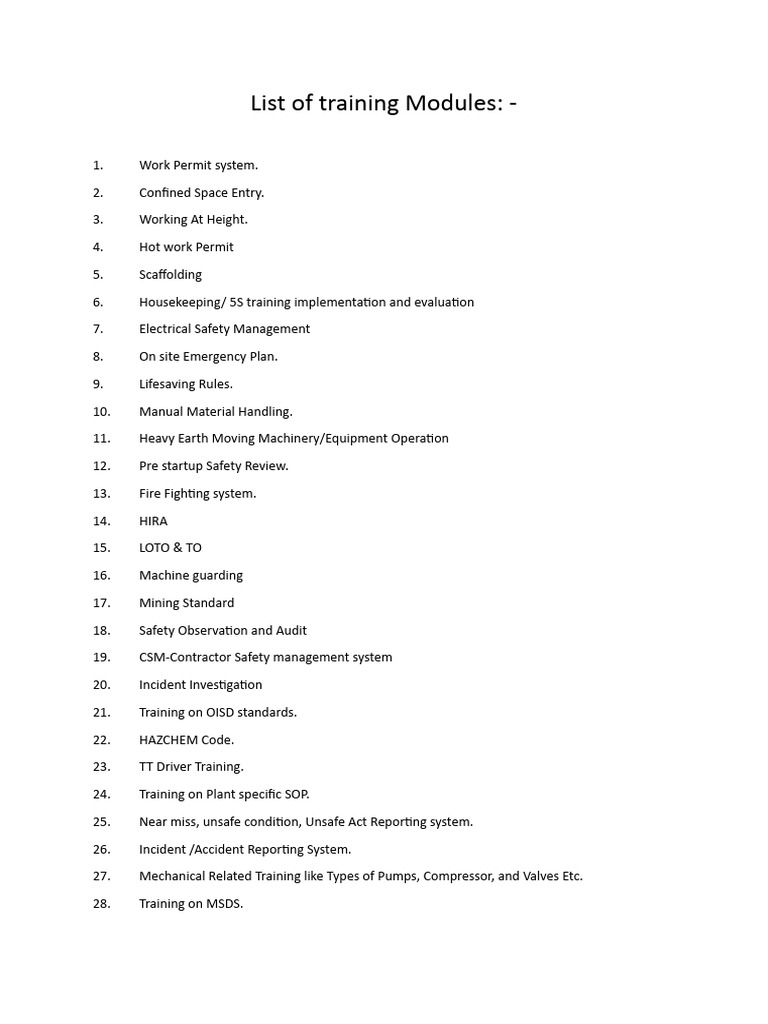 List of training modules pdf