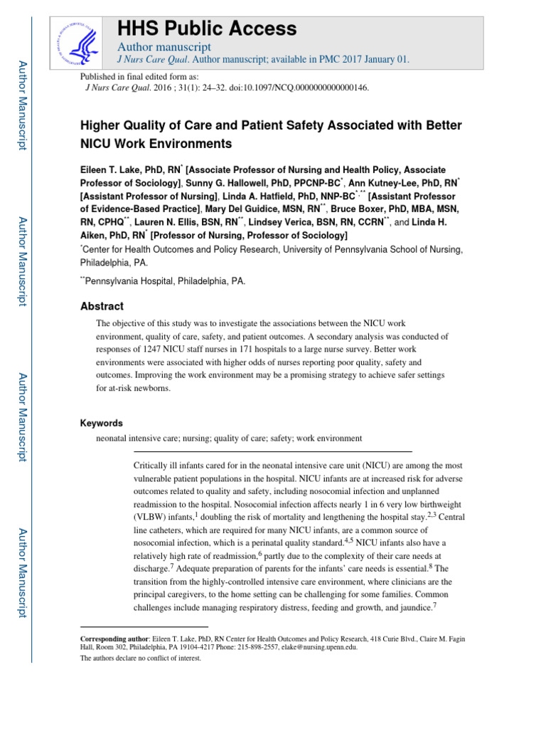 NICU Work Environment and Patient Safety | PDF | Neonatal Intensive ...