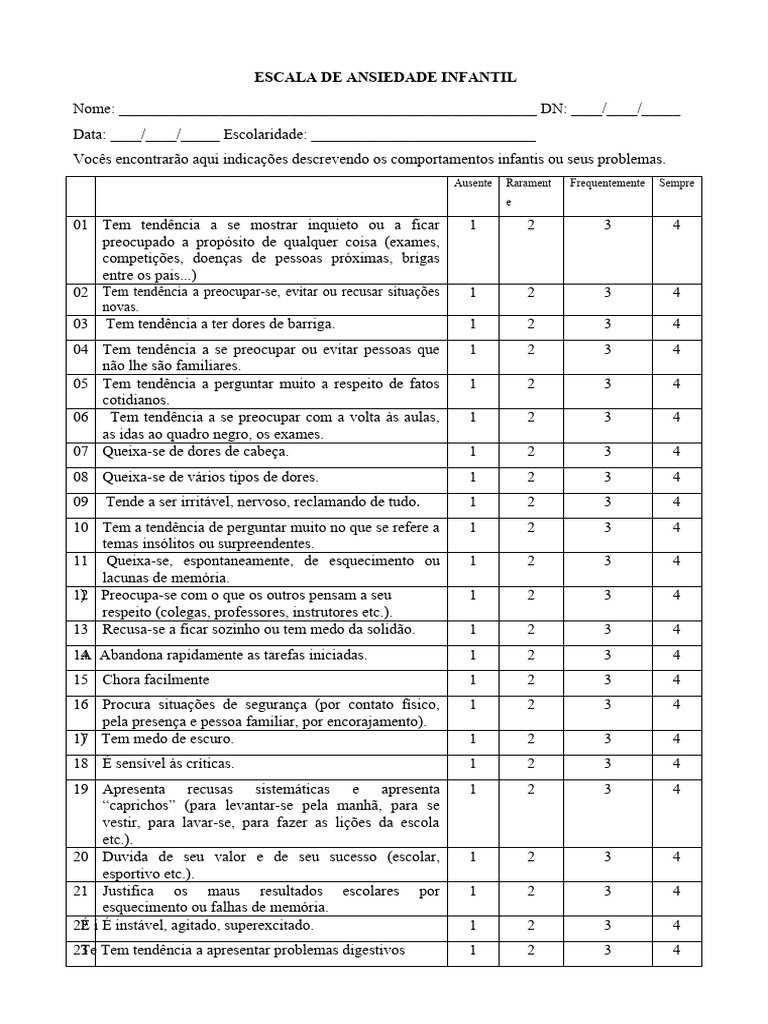Escala de Ansiedade Infantil: Avaliação | PDF | Emoções | Psicologia ...