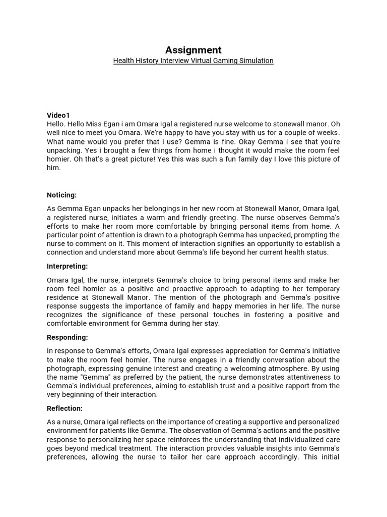 Assignment Health History Interview Virtual Gaming Simulation Pdf