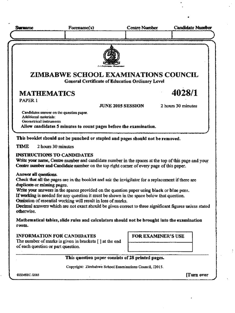 O-Levels Mathematics 2015 | PDF