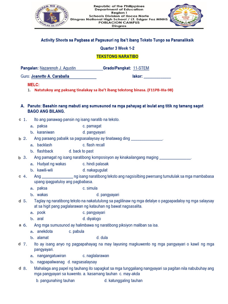 As Pagbasa Q3 Week 1 2 Naratibo Pdf