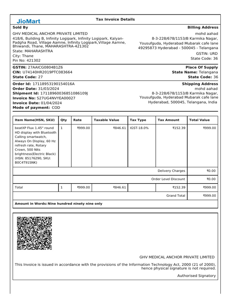 JioMart Invoice for GHV Medical Anchor | PDF | Payments | Taxes
