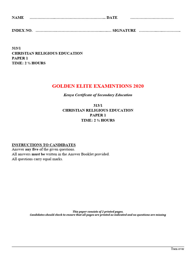 Golden Elite Examintions 2020 Kenya Certificate of Secondary Education