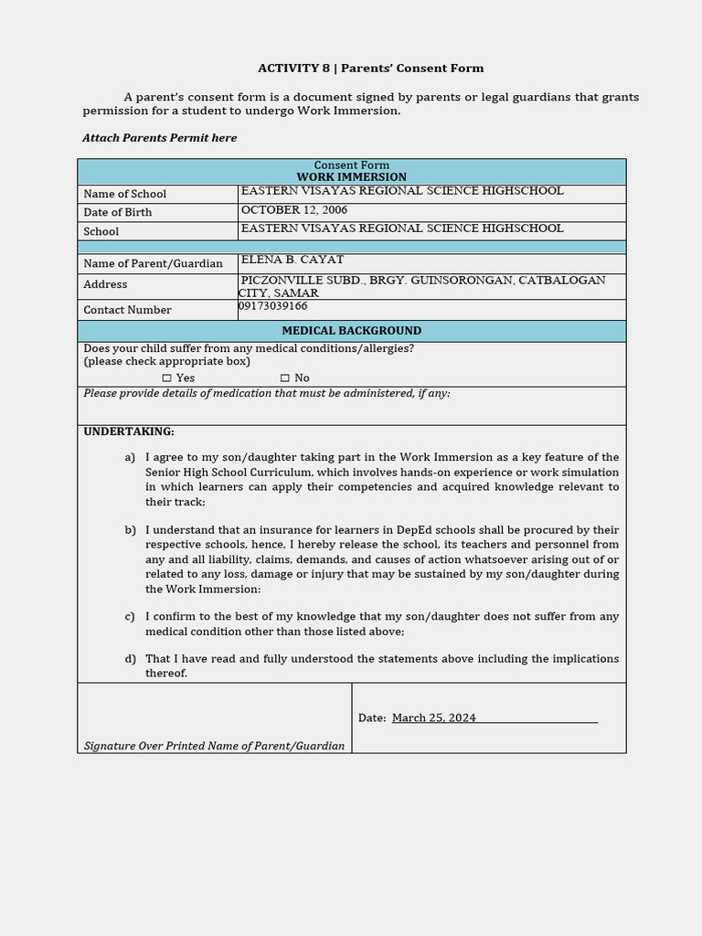 Parent Consent for Work Immersion Form | PDF