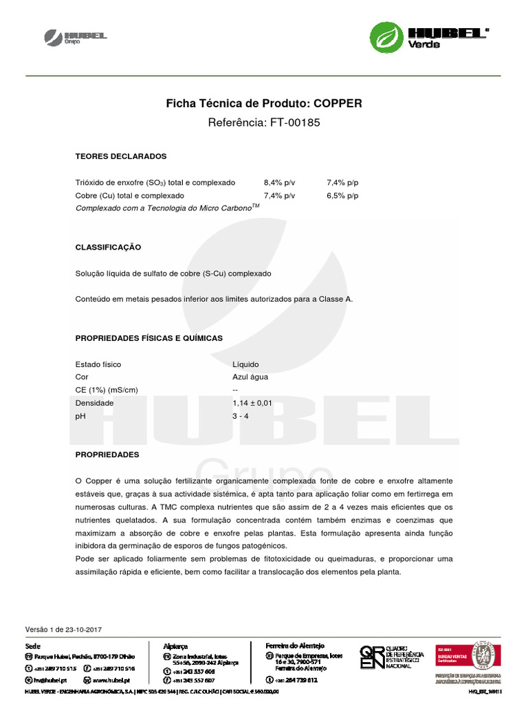 Ficha Tecnica COPPER FT00185 Download grátis PDF Nutrientes Enxofre