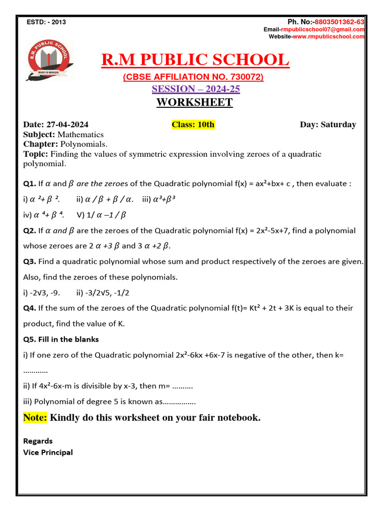Class 10 Mathematics Polynomial Worksheet | PDF