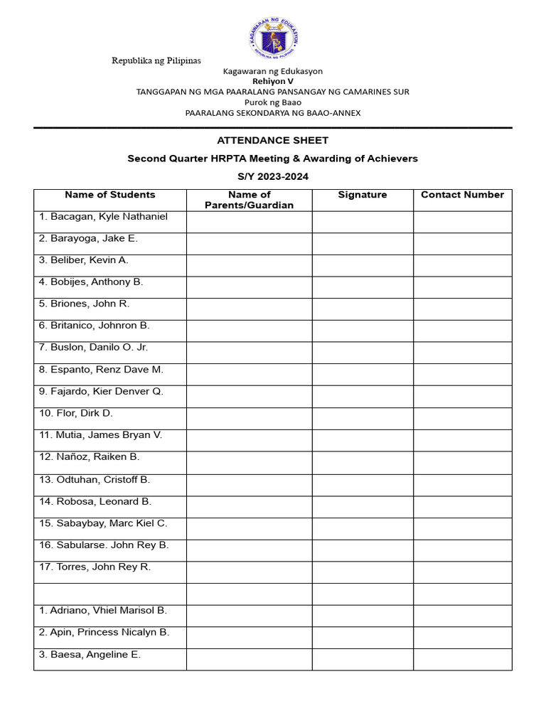 Attendance Sheet for HRPTA Meeting | PDF