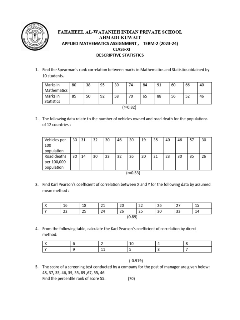 Class 11 Descriptive Statistics Assignment Pdf Statistics