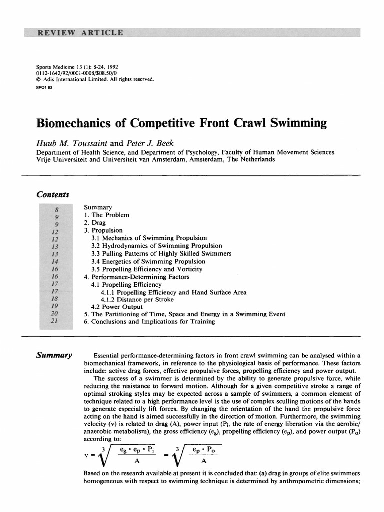 Biomechanics of Front Crawl Swimming | PDF | Vortices | Drag (Physics)