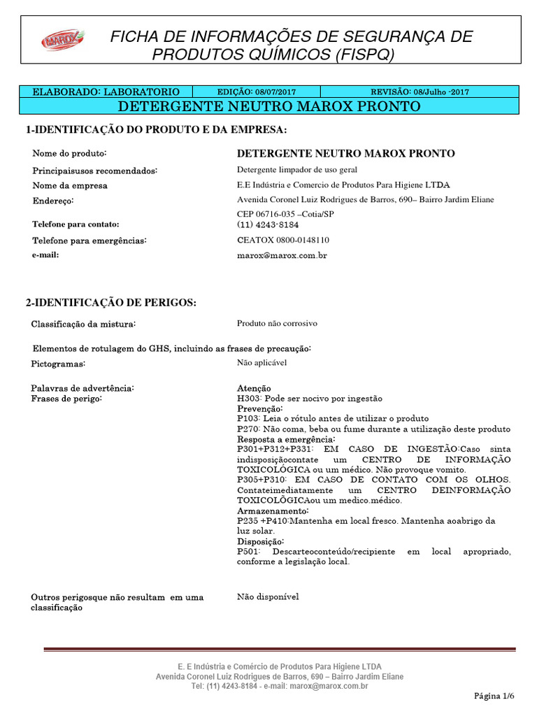 FISPQ Detergente Neutro Marox Pronto | PDF | Incêndios | Embalagem e ...