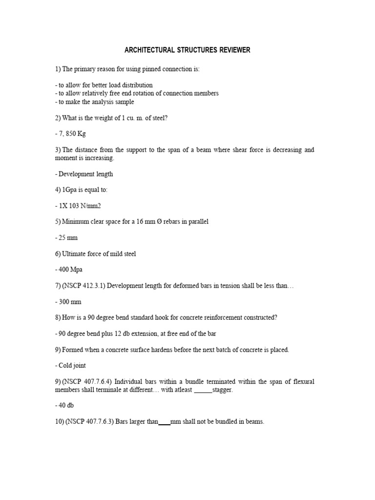 Architectural Structures Reviewer | PDF | Concrete | Beam (Structure)