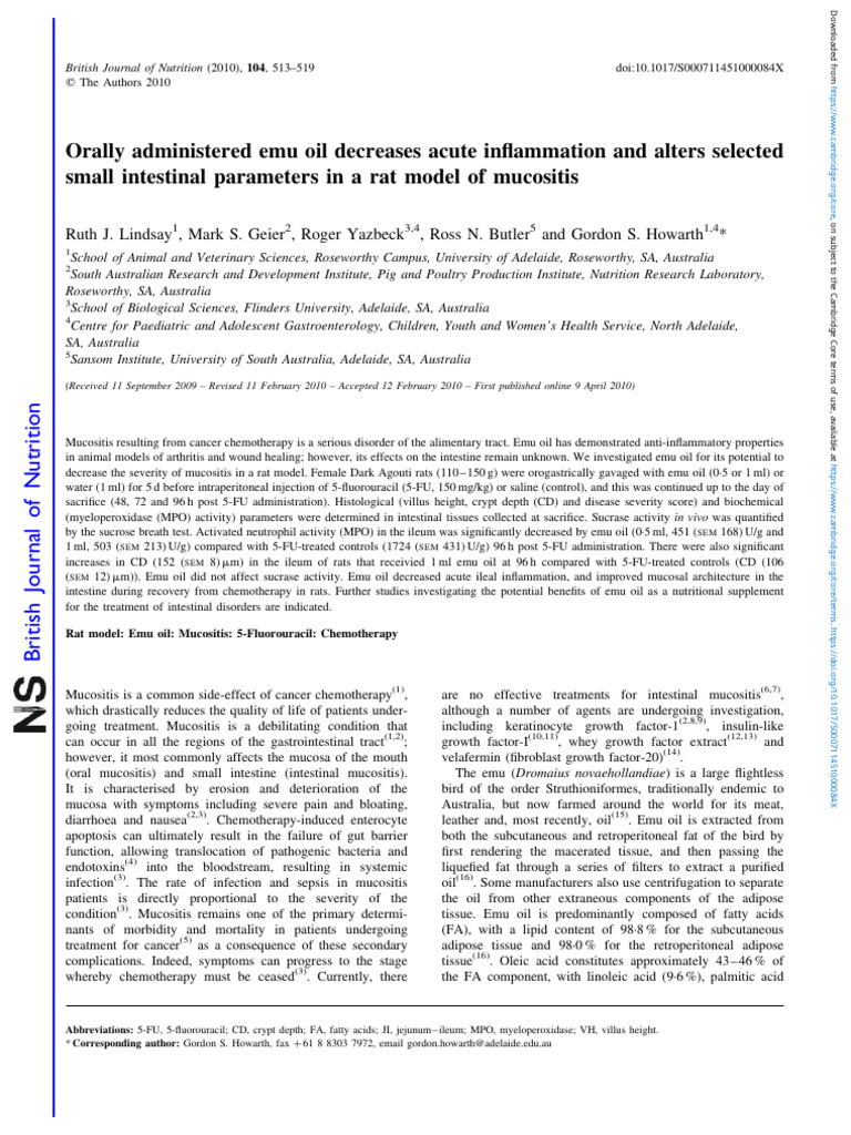 Emu Oil Reduces Mucositis in Rats | PDF | Gastrointestinal Tract ...