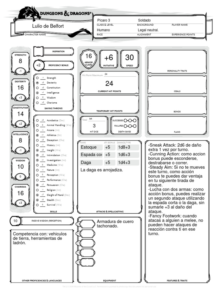 Ficha de Pícaro D&D: Lulio de Belfort | PDF