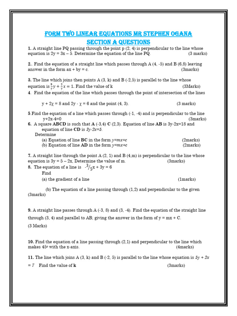 Straight Line Equation Exercises | PDF | Line (Geometry) | Cartesian ...
