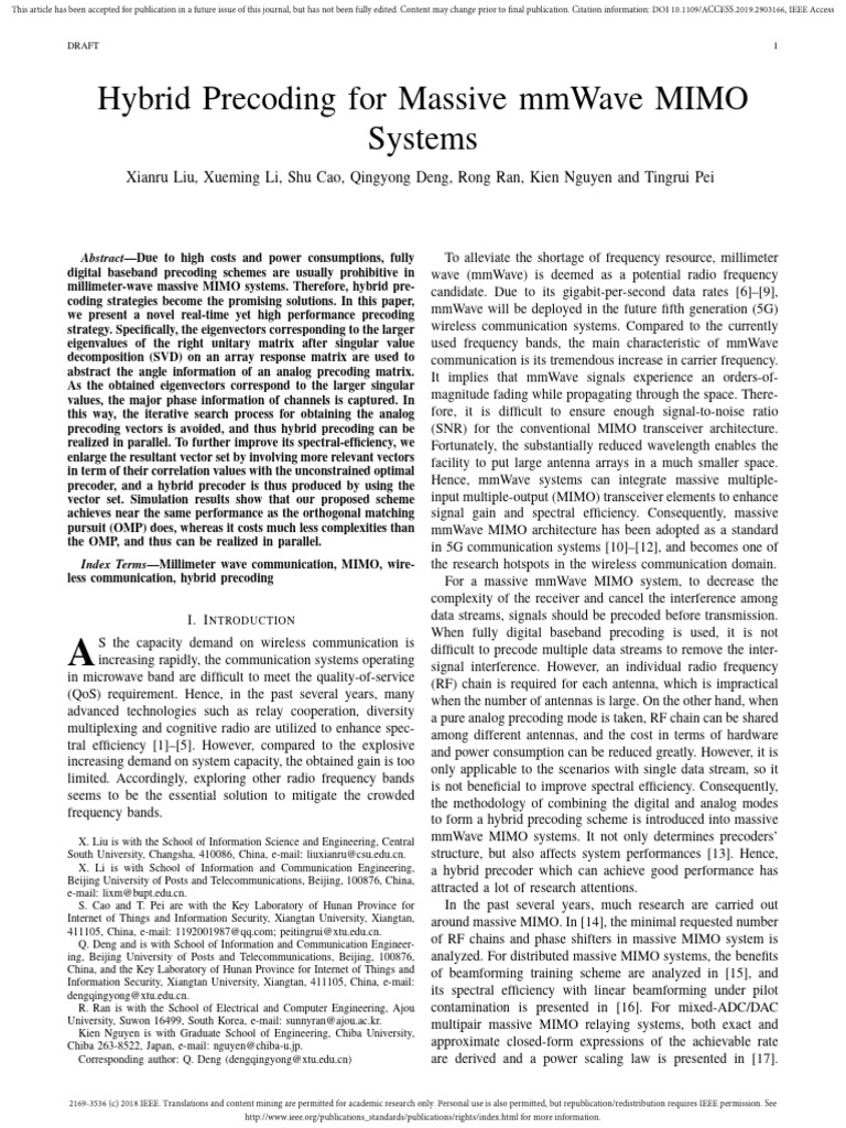 Hybrid Precoding in mmWave MIMO Systems | PDF | Mimo | Matrix (Mathematics)