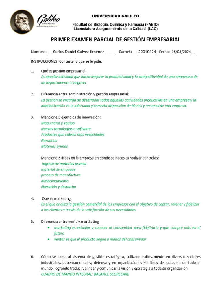 Examen Parcial de Gestión Empresarial | PDF | Marketing | Producto ...