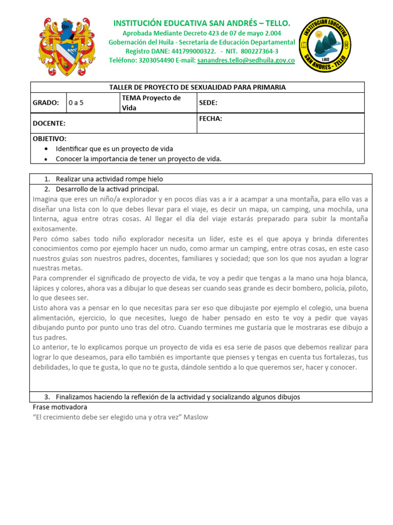 Taller de Proyecto de Vida para Primaria | PDF