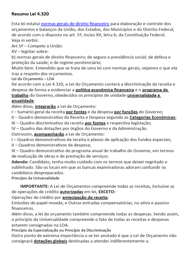 Resumo da Lei 4.320/1964 | PDF | Orçamento governamental | Orçamento
