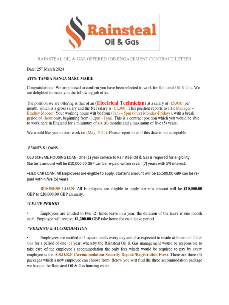 Rainsteal Oil & Gas Job Offer Letter | PDF | Travel Visa | Business