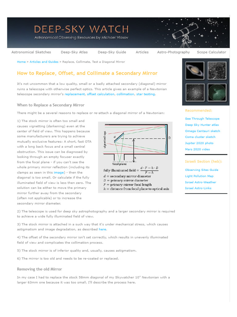 Replace and Collimate Newtonian Mirrors | PDF | Mirror | Optics