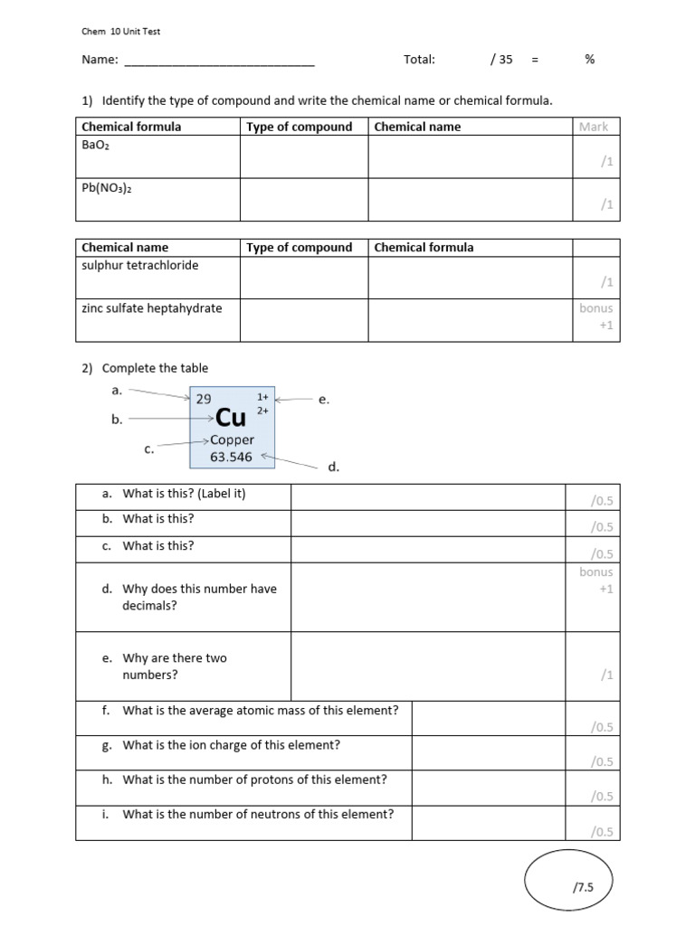 Science 10 - Chemistry Unit Test | Download Free PDF | Chemical ...