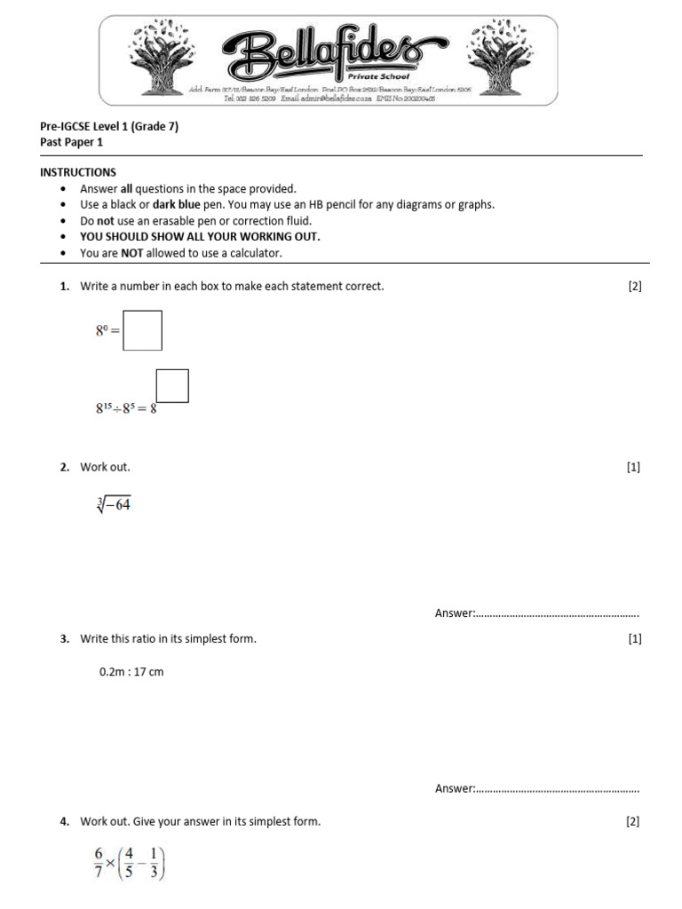 Grade 7 Mathematics Past Paper 1 | PDF | Integer | Discrete Mathematics