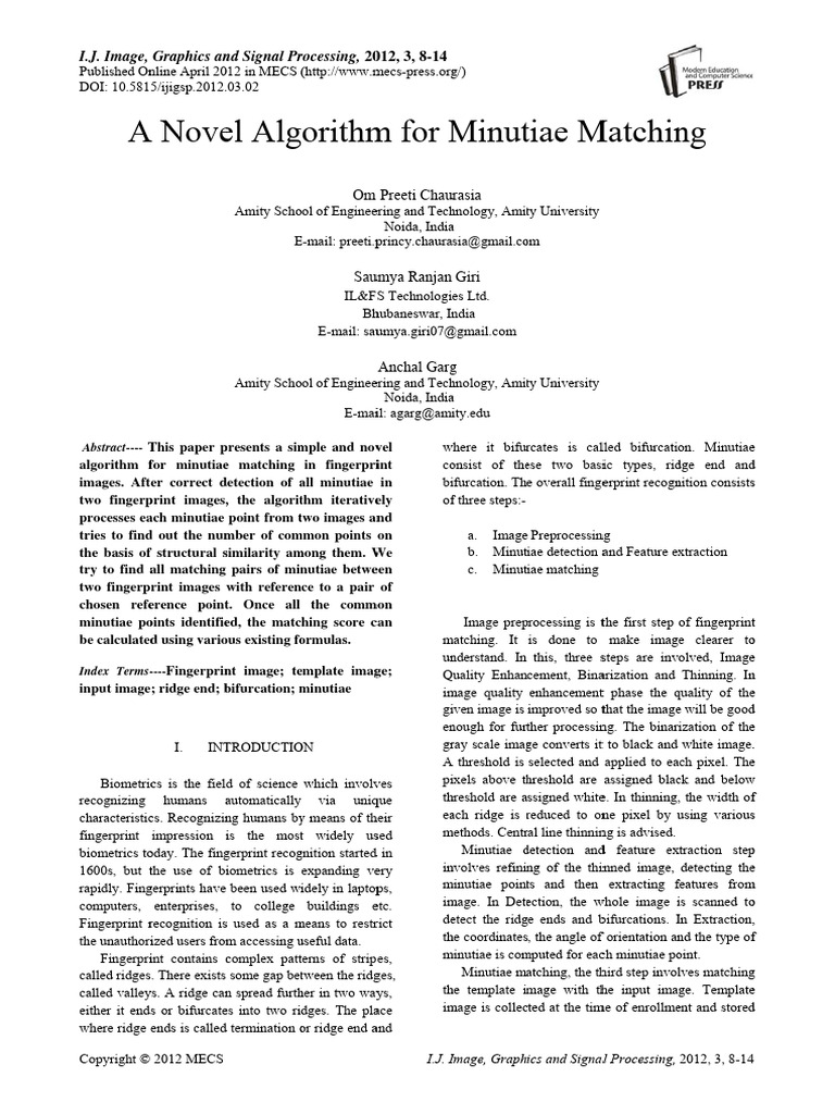 A Novel Algorithm For Minutiae Matching | PDF | Fingerprint | Biometrics