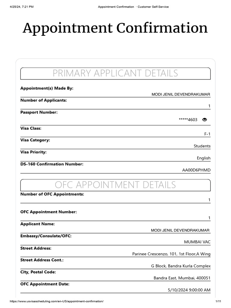 Appointment Confirmation Modi Jenil Devendrakumar Pdf Travel Visa