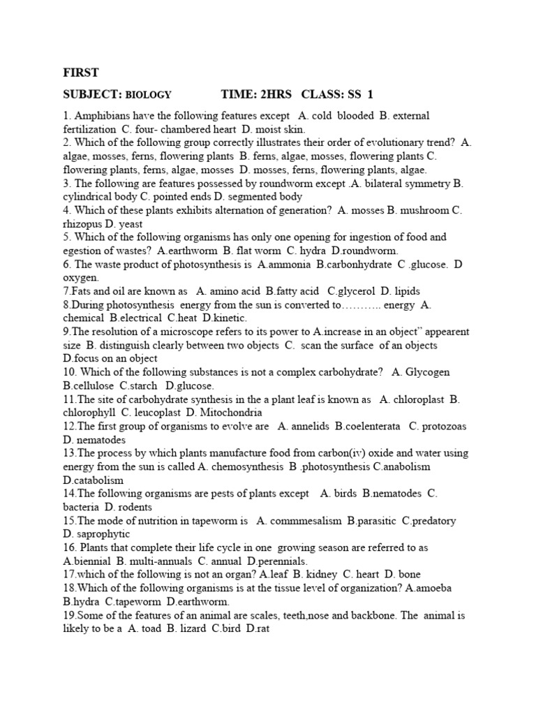 Ss 1 first term biology examination pdf plants photosynthesis