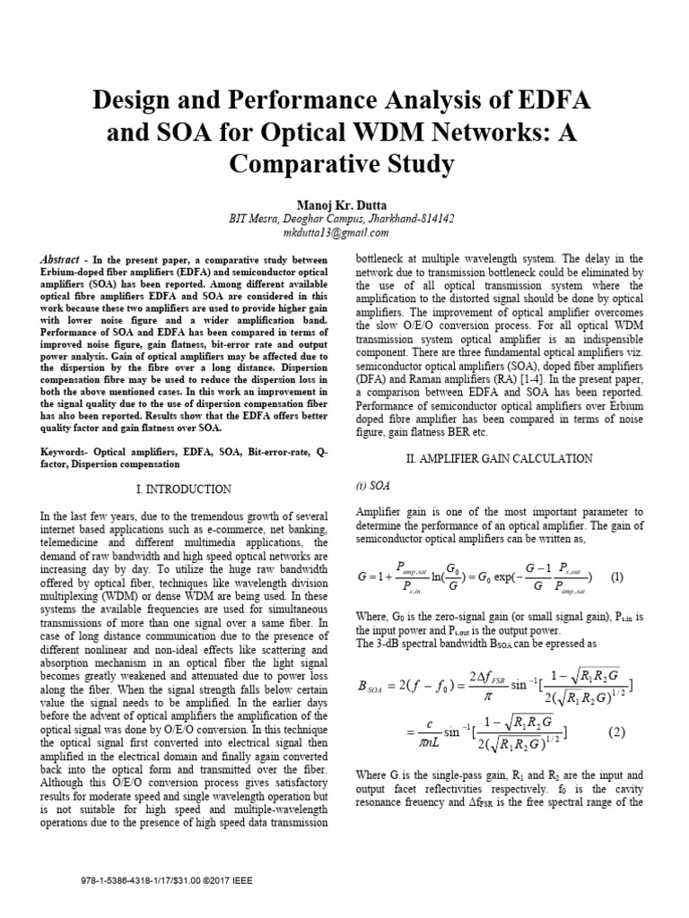 EDFA vs SOA in WDM Networks Analysis | PDF | Wavelength Division ...