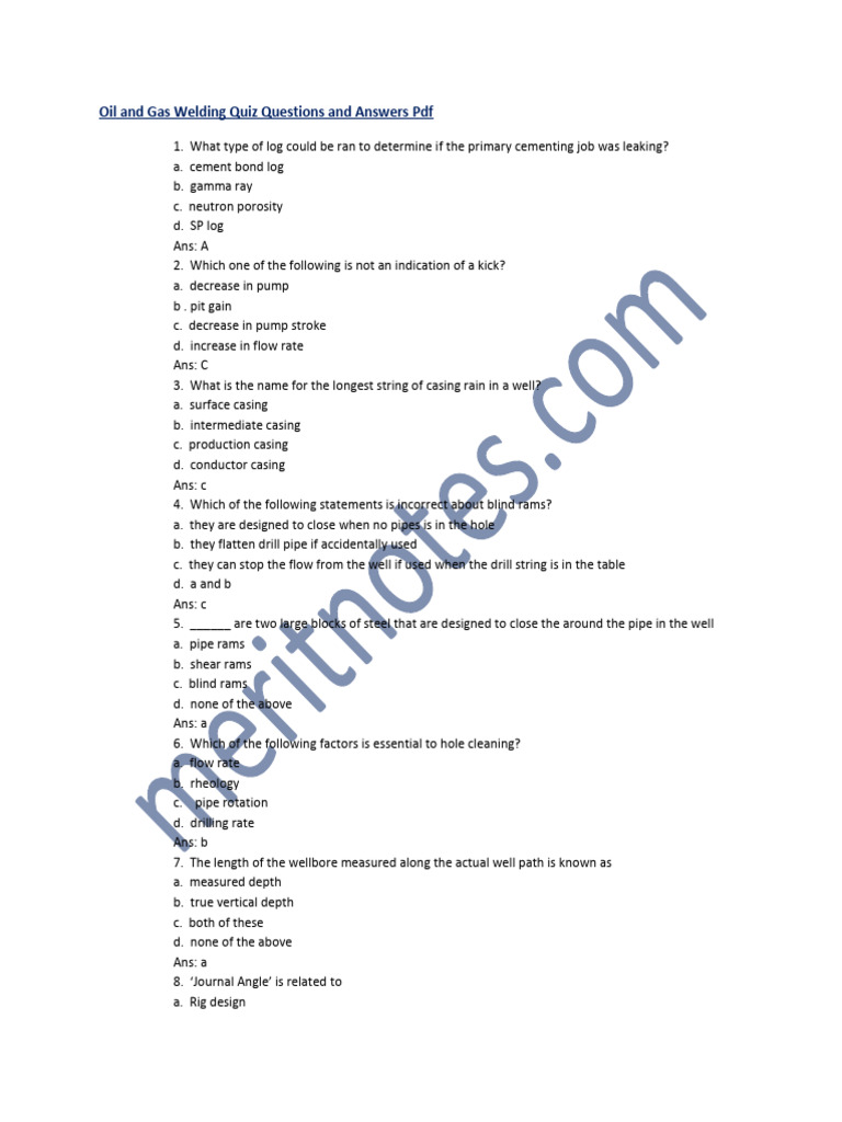 Oil Gas Welding Quiz Questions Answers PDF