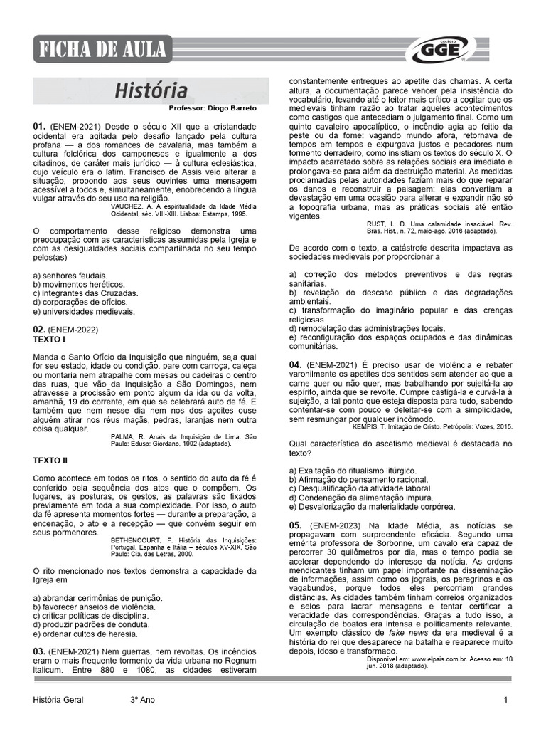 Questões do ENEM sobre Idade Média | PDF | Idade Média | Feudalismo