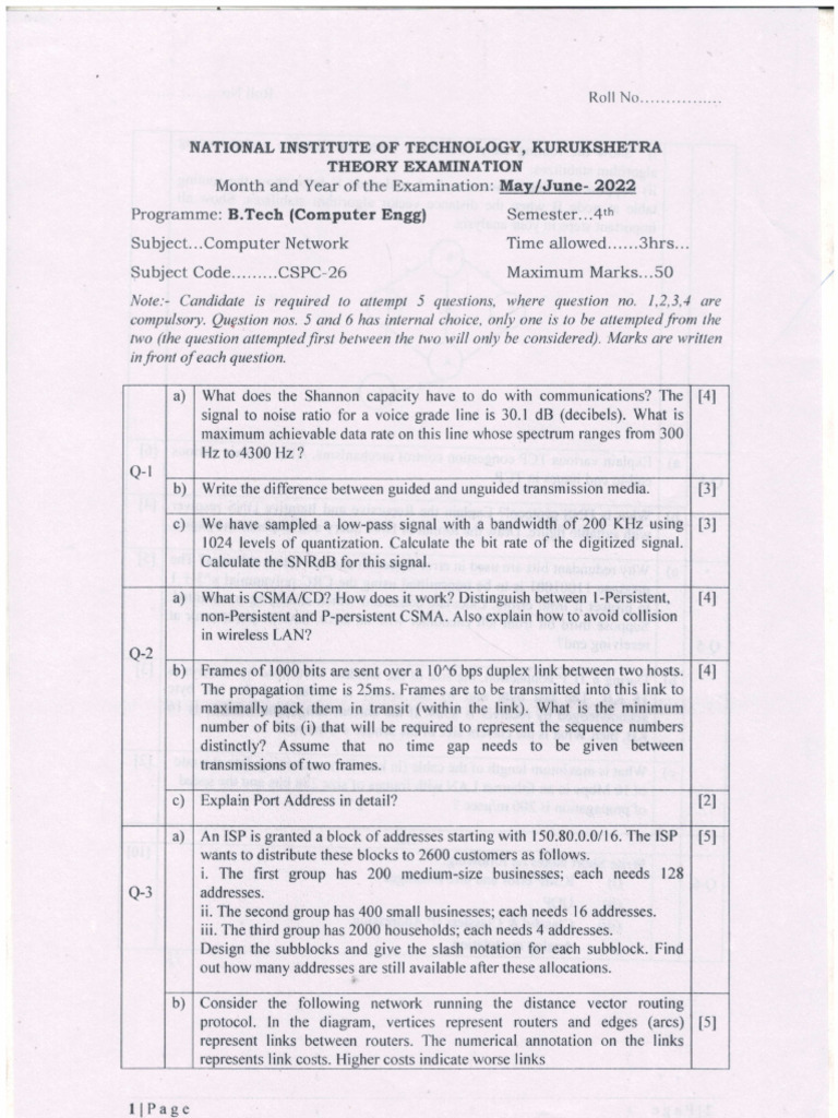 B.Tech Computer Networks Exam Paper | PDF | Routing | Bit Rate